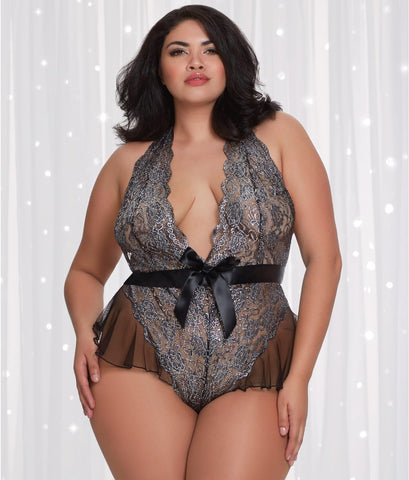 Dreamgirl 11788X Metallic Flutter Lace Crotchless Teddy