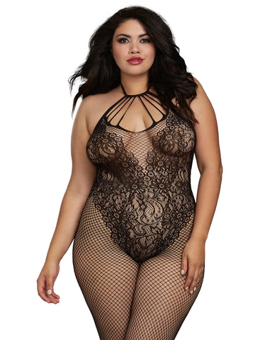 DG 0326X Plus Size Fishnet Bodystocking with Knitted 'Teddy' Design Black