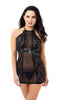 Dreamgirl 11245 Black galloon lace and stretch mesh high neck halter chemise