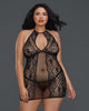 Dreamgirl Red Diamond Plus Size style 11515X black fishnet and lace halter Chemise buy at femmefatale lingerie Singapore