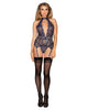 Dreamgirl lingerie style 12125 Stretch Scalloped Lace & Fishnet Collared Merriwidow Set with Back Neck Ribbon Tie