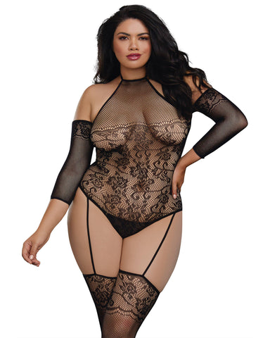 DG 0310X Plus Size Fishnet Teddy Bodystocking with 3/4 Length Sleeves